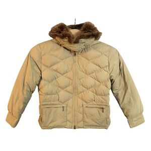 Ralph Lauren Tan Diamond Quilted Down Puffer Jacket Real Lamb Fur Collar XL